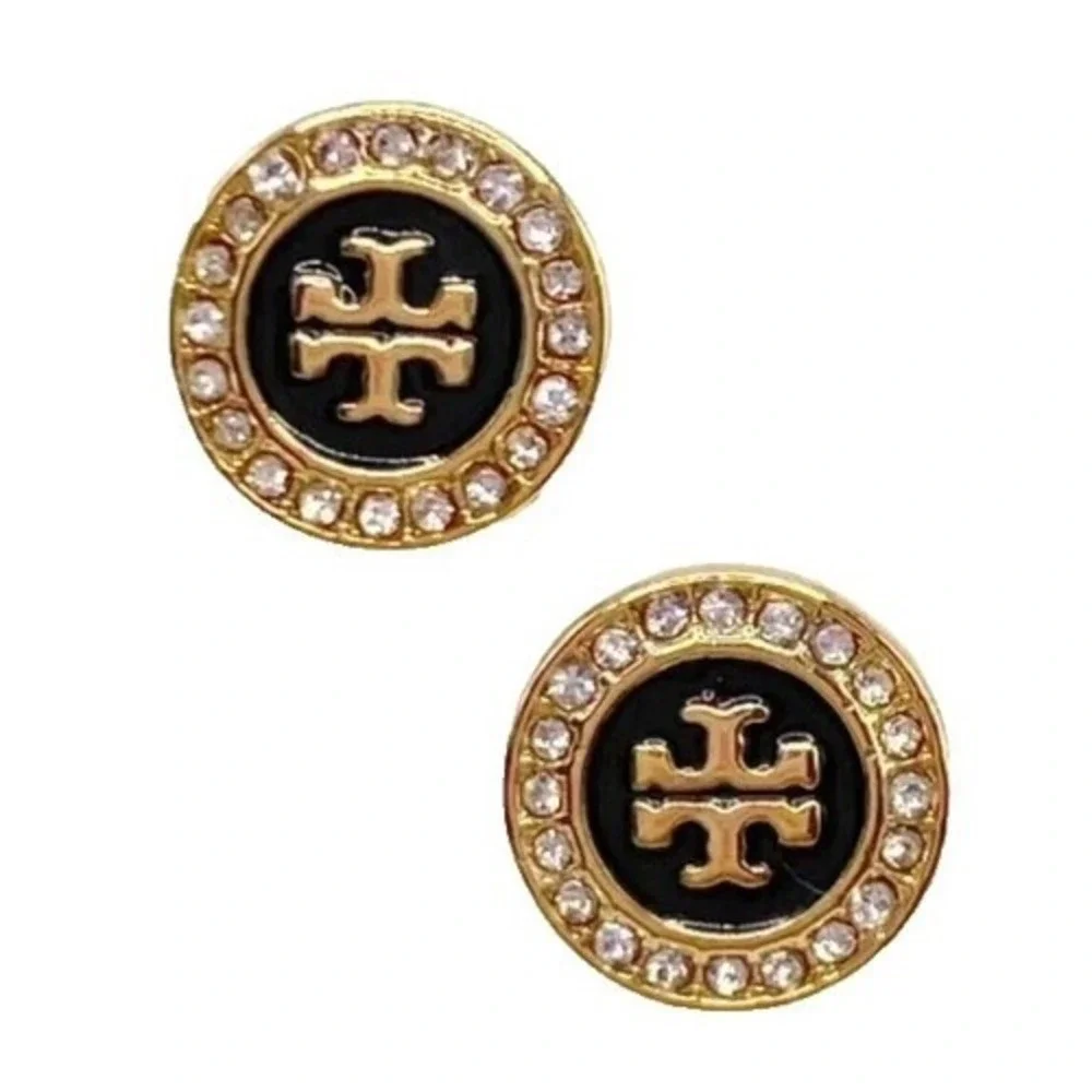 NWT Tory Burch Navy & Gold Crystal Logo Stud Earrings / Dustbag Included / $110